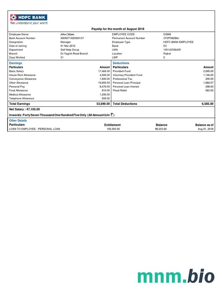 Szablon odcinka wypłaty Indie HDFC bank w formatach Word i PDF